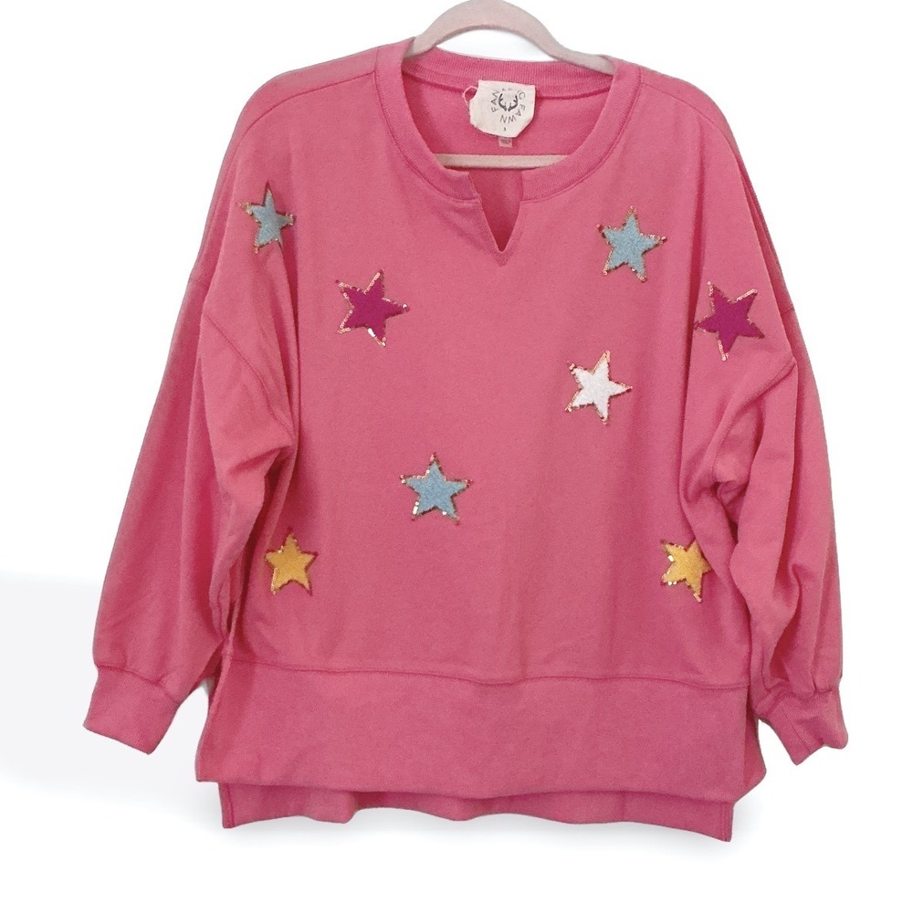 Fantastic Fawn Pink Star Applique Oversized Sweatshirt Small IFKT34316-02